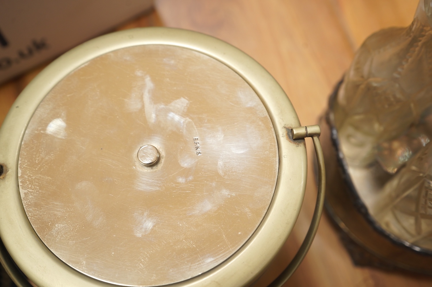 A collection of plated items, including a pair of candle holders, coffee pot, a jasper ware biscuit box and similar pot without cover. Condition - varies